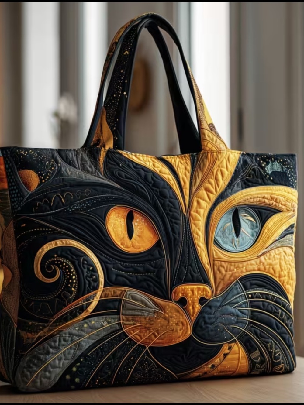 NEW Quilted Extra Large Cat Travel Tote Bag Black Orange - Picture 3 of 8